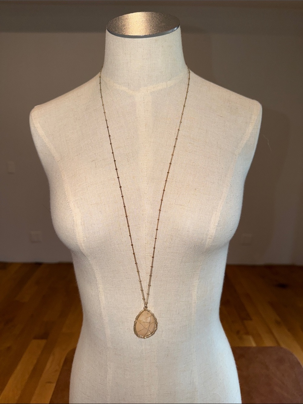 Long Gold Pendant Necklace with Beige Stone